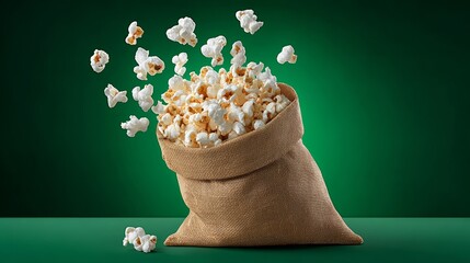 Bag of popcorn spilling onto a green surface, showcasing fluffy kernels in mid-air, creating a fun and dynamic scene perfect for snack-related themes and movie nights