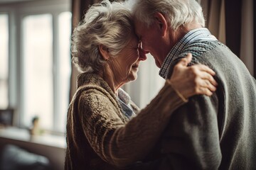 Elderly couple embrace gently in a warm and loving manner