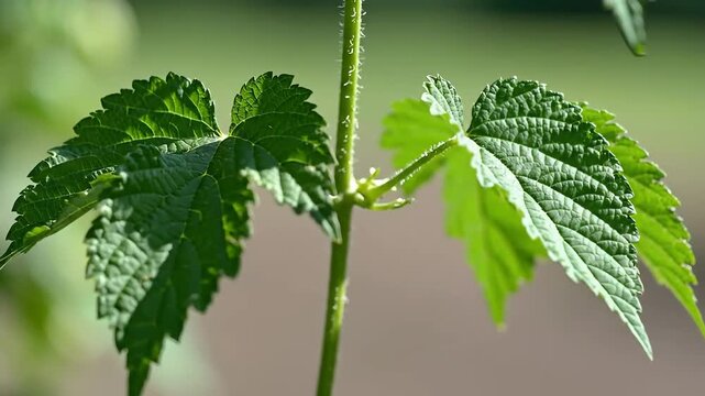 Close up of green hop plant leaves and stem in natural sunlight.