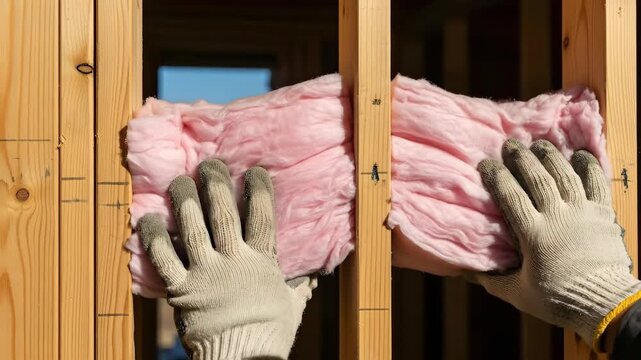 Worker hands in gloves installing pink insulation between wood studs in house wall construction sequence for thermal efficiency