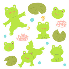 Obraz premium Cute frog character set with various poses and expressions, simple flat illustration