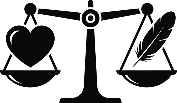 Concept of Emotional Balance Heart and Feather on Justice Scale Illustrator Vector