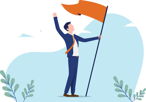 Business triumph vector illustration - Businessman raising flag cheering with hand in air on white background. Winner and success concept.