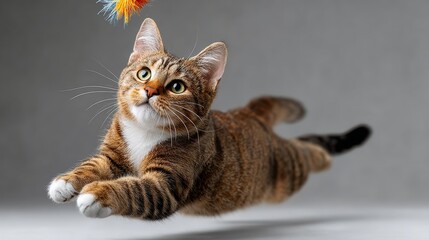 Playful tabby cat leaping in mid-air towards colorful feather toy, showcasing agility and excitement in a soft, neutral-toned environment, capturing the essence of feline playfulness