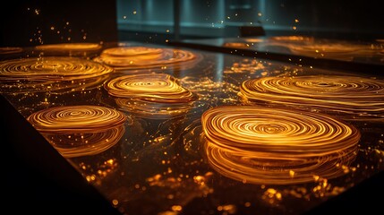 Gold coins shine on a black background with festive Christmas decorations and colorful casino carnival lights at night