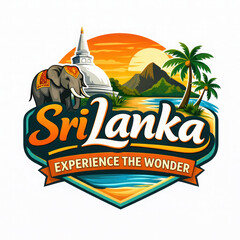 Illustrated Sri Lanka logo featuring elephant, stupa, and tropical island scenery