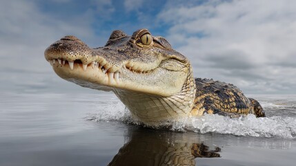 Fototapeta premium Large crocodile emerging from water, showcasing powerful jaws and textured skin, surrounded by rippling waves and a dramatic sky, highlighting the beauty of wildlife in natural habitat