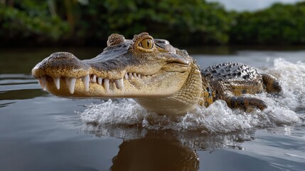 Obraz premium Large crocodile swimming in calm water, showcasing sharp teeth and textured skin, surrounded by lush greenery, capturing the essence of wildlife in its natural habitat