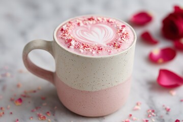 Beautiful pink latte art in a ceramic cup, topped with rose petals, placed on a marble surface, creating a romantic and inviting atmosphere for beverage lovers