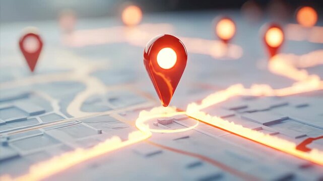 Red glowing map location pins tracking a route on a digital city map. GPS navigation and delivery service concept.