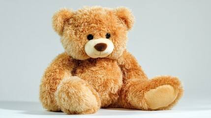 Obraz premium A toy bear with a soft texture sits upright on a flat surface. The bear has a simple design and it is looking directly forward under bright light.