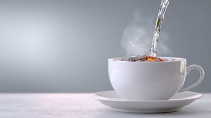 Hot water is being poured into a white ceramic cup filled with tea, creating steam and bubbles, against a soft gray background, emphasizing warmth and comfort in beverage preparation