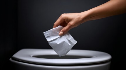 Hand of a woman discarding used tissue paper into a modern toilet, showcasing hygiene practices and cleanliness in a contemporary bathroom setting with soft lighting and minimalistic design