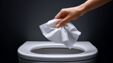 Hand holding a paper towel, preparing to clean a toilet bowl, showcasing hygiene practices in a modern bathroom environment, emphasizing cleanliness and sanitation importance