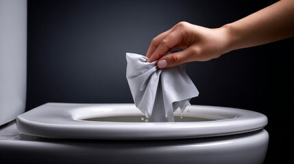 Hand holding a damp cloth is about to drop it into a white toilet bowl, showcasing a cleaning process with water droplets splashing, emphasizing hygiene and sanitation practices