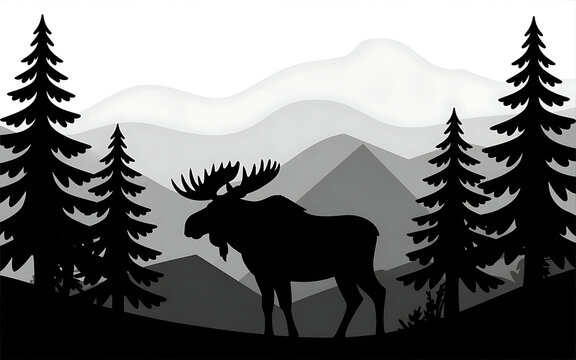 Moose silhouette in forest with mountains isolated on a transparent background 1