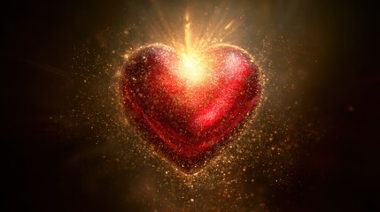 Bright red heart with golden light radiating from its core, fine glowing particles floating outward, clean light background, sense of energy
