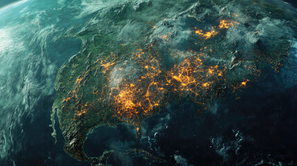 Obraz premium The vibrant lights of a continent illuminate from space, showcasing a stunning view of civilization and geographical formations from above AI Generative