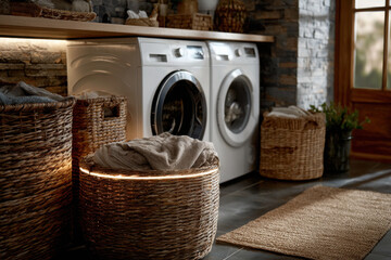 Modern laundry room with stylish storage and appliances