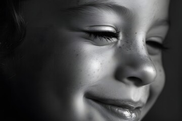 Close up of a little girl smiling slightly in black and white