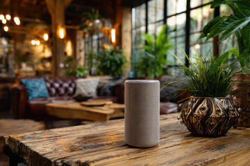Cozy interior with a smart speaker and plants in a rustic setting