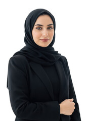 Confident businesswoman in black attire isolated on transparent background