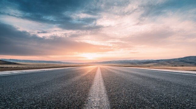 Empty asphalt road with subtle tire tracks leading into the horizon, wide open landscape, soft sunrise light, pastel orange and blue sky, dramatic