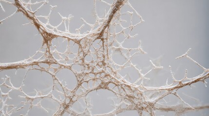 Fungal mycelium network magnified under microscope, thin white filaments forming complex web like structures, organic symmetry, soft neutral