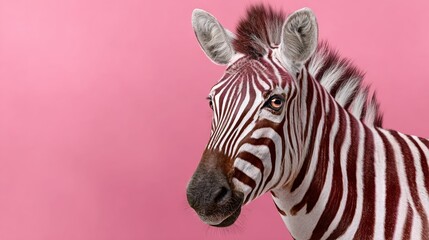 Striking zebra with unique pink background, showcasing bold black and white stripes, highlighting the animal's distinctive features and captivating gaze, perfect for wildlife and nature enthusiasts