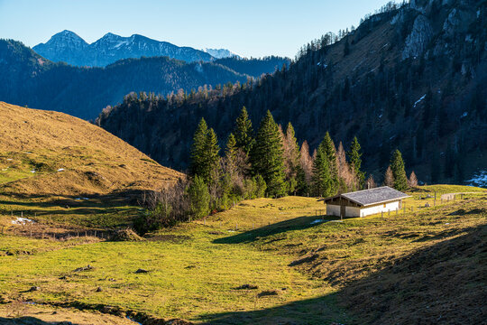 Chiemgau mountain valley landscape close to the Hochfelln peak during winter and autumn season