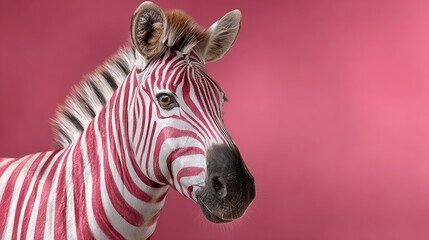 Unique zebra with striking pink and white stripes stands against a vibrant pink background, showcasing its distinctive appearance and captivating features in a playful and artistic manner