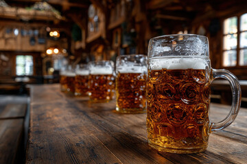 Craft beer mugs on a wooden table in a rustic bar setting