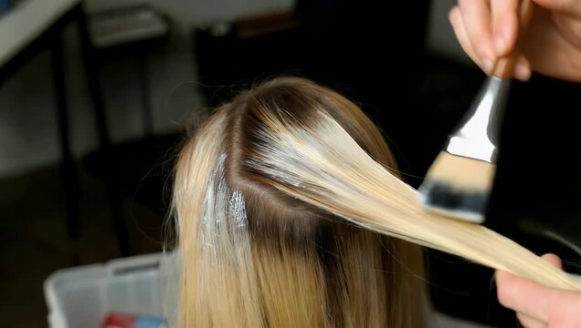 Professional 4K beauty procedure footage demonstrating careful mixing of bleaching or oxidizing powder using brush applied during hair lightening process on blonde hair in close up