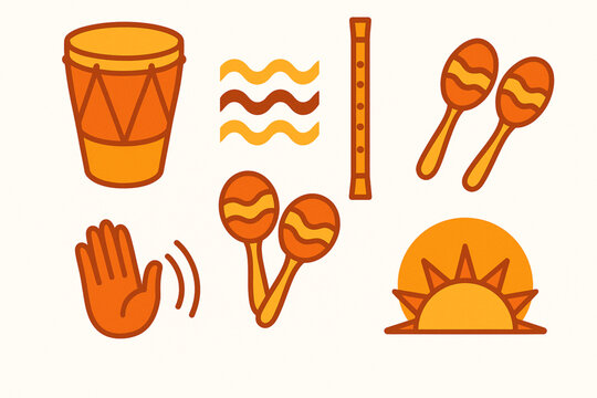 Colombian Cumbia Music Icon Set with Tambora Drum, Gaita Flute and Maracas