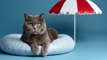 Gray cat lounging comfortably on a striped pet bed, with a vibrant blue background and a red and white striped umbrella, creating a playful and relaxed atmosphere for pet lovers