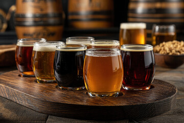 Craft beer tasting with a variety of brews on a wooden platter