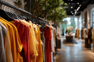Colorful clothing display in modern boutique showcases vibrant styles