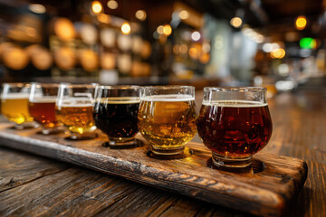 Craft beer tasting flight in a rustic brewery setting