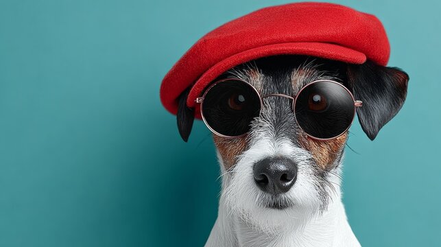 Stylish dog wearing red beret and round sunglasses, posing against a vibrant teal background, showcasing a playful and fashionable pet personality in a whimsical setting