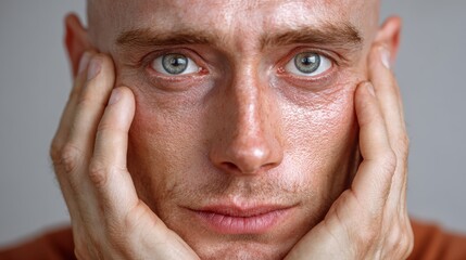 Male with shaved head and intense gaze, resting hands on face, showcasing deep emotions and contemplation in a neutral-toned environment, reflecting inner thoughts and vulnerability