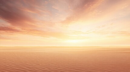 Vast empty desert plain with smooth sand surface, no footprints, gentle sunrise glow, warm golden and peach tones in the sky, minimal horizon line