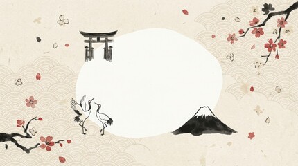 Cultural celebration with cranes and cherry blossoms japan artistic illustration traditional environment aerial view harmony and nature in art