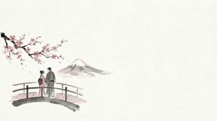 Romantic couple admiring cherry blossoms on bridge near mount fuji japan illustration tranquil landscape artistic viewpoint serene love concept for seo impact
