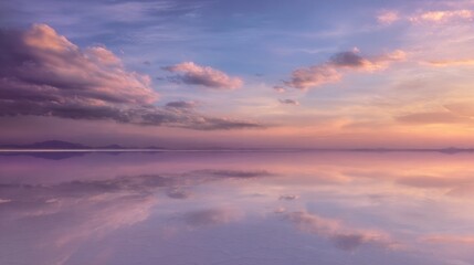 Fototapeta premium Vast empty salt flats with smooth reflective surface, subtle texture lines, dramatic sunset sky mirrored on the ground, warm amber and soft purple