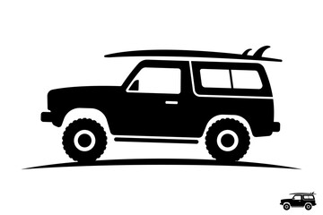 SUV and surfboard icon. Black silhouette. Side view. Vector simple flat graphic illustration. Isolated object on a white background.