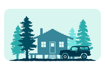 House and SUV in the forest. Colored silhouette. Front and side view. Vector simple flat graphic illustration. Isolated object on a white background.