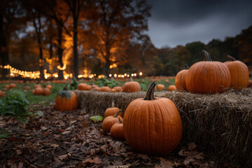 Pumpkins resting on hay bales at a cozy fall festival in the evening