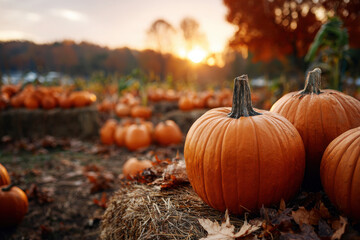 Pumpkin patch at sunset with vibrant colors and autumn leaves