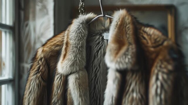 Video A collection of fur coats hanging from a window, possibly for cleaning or storage