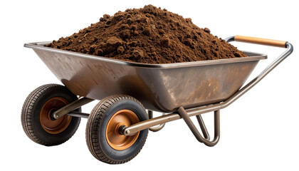 A wheelbarrow filled with loose brown dirt